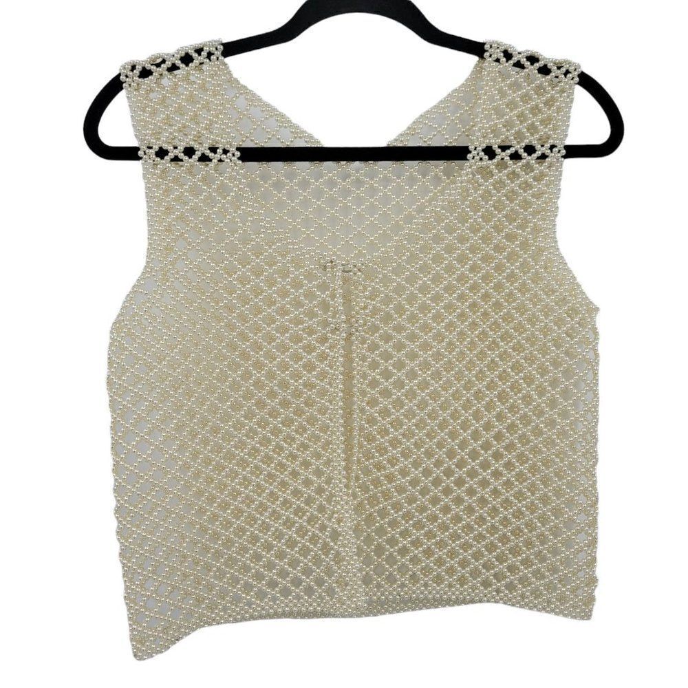 Vtg Vest Handmade Artsy Boho Faux Pearl Beaded Crochet‎ Formal White Sz M